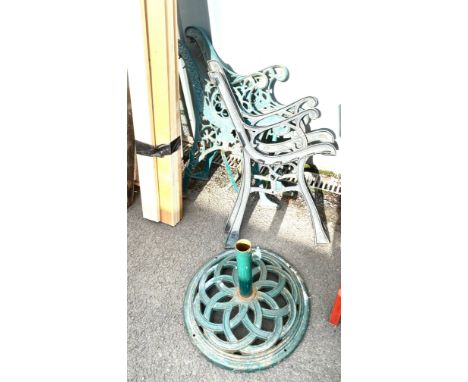 Pair of metal bench ends and a metal parasol holder with wood slates to repair bench 