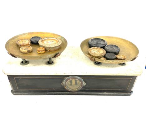 Vintage sweet shop scales with weights, approximate measurements: Height 5 inches, Width 20 iinches, Depth 9.5 inches 