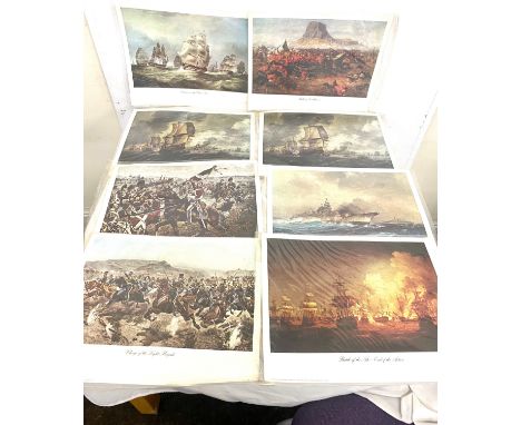 Selection of unframed prints to include Battle of Britain, Captive Eagle, Charge of the Light Bridage, Battle of first Duch w