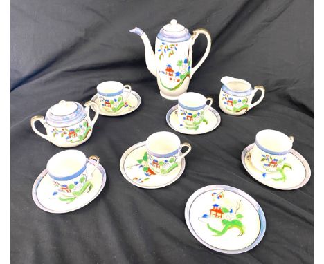 Japanese Tea Set comprising of teapot, sugar bowl, milk jug 5 cups and 6 saucers (chip to one cup) 