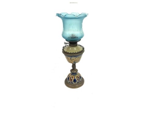 Royal Doulton Lambeth oil lamp with funnel and shade, 24 inches tall, with marks to inner bowl, dated 1882 