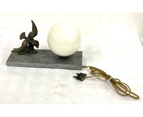 Art deco metal bird on marble base lamp complete with shade 