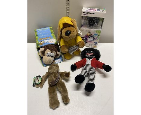 A selection of assorted soft toys including Chewbacca and action camcorder 