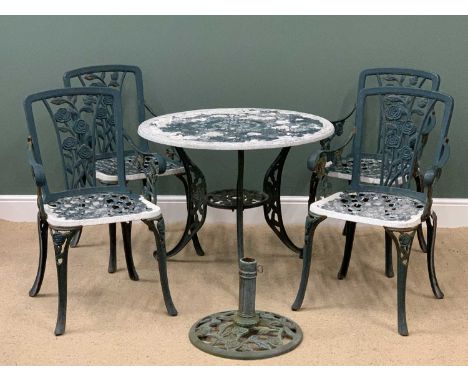 GARDEN FURNITURE - cast metal circular topped table, 90cms diameter, four carver chairs and a parasol stand