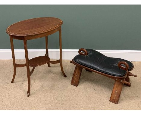 CAMEL TYPE STOOL with vinyl seat, 42cms H, 77cms W, 41cms D and a mahogany occasional table with inlay and lower tier, 72cms 