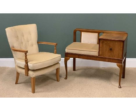 MID-CENTURY TELEPHONE TABLE/SEAT by Chippey, 72cms H, 85cms W, 41cms D and a button backed armchair