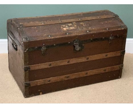 VINTAGE DOME TOPPED WOODEN TRUNK with metal banding, 57cms H, 91cms W, 52cms D