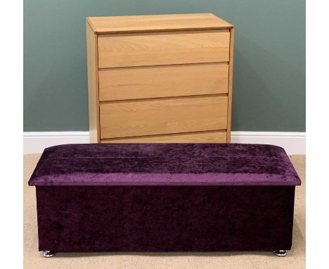 MODERN CHEST OF FOUR DRAWERS in light wood, 101cms H, 80cms W, 47cms D and a modern ottoman, 46cms H, 130cms W, 41cms D