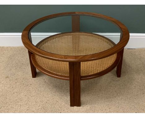 G-PLAN CIRCULAR GLASS TOPPED COFFEE TABLE with cane lower shelf