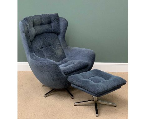 MID-CENTURY ANNE JACOBSEN STYLE EASY CHAIR &amp; MATCHING FOOTSTOOL with swivel and sprung base, 103cms H, 90cms W, 95cms D a