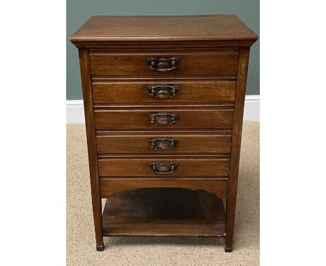 ANTIQUE MAHOGANY MUSIC CABINET having five drawers with drop down front and lower shelf, 78cms H, 52cms W, 36cms D