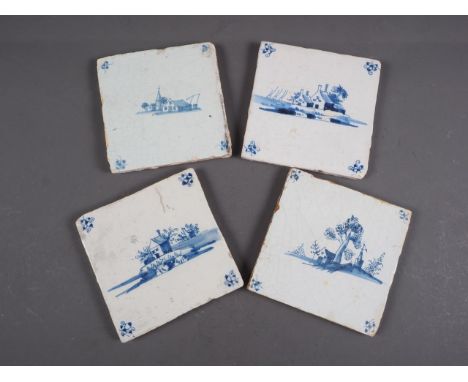 Three early 18th century Liverpool blue and white landscape tiles and one other landscape tile 