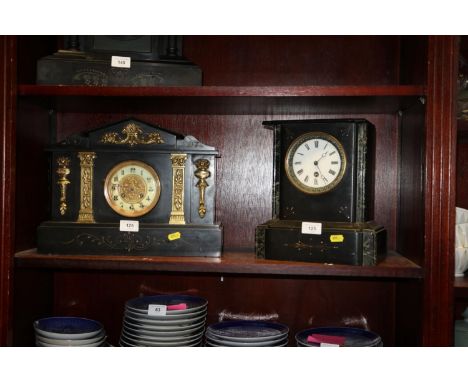 A 19th century slate mantel clock, with eight-day striking movement, 11" high and a similar mantel clock with enamel dial, 11
