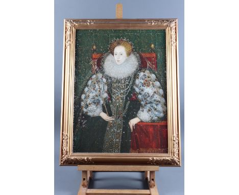 A colour print laid on canvas, portrait of Queen Elizabeth I, 19" x 14 1/2", in gilt frame