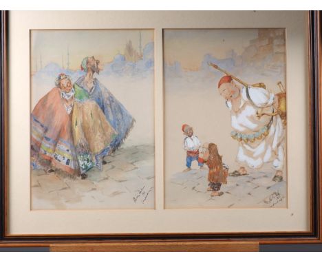 Copi Mitritch, 1922 Constantinople: a pair of watercolour and bodycolour, "cartoons" local characters, each 10 1/2" x 7 1/4",