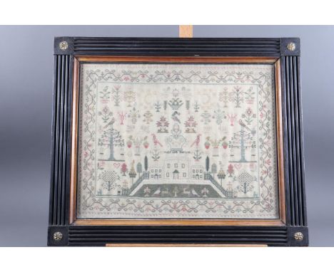 An early 19th century sampler with buildings, birds and trees, worked by Mary Ann Taylor, 12" x 15", in reeded and gilt decor