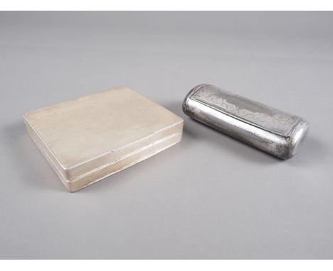 An engine turned square cigarette case, 5.5oz troy approx, and a silver plated snuffbox with engraved decoration
