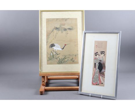 A Chinese watercolour, stork in landscape, and a Japanese woodblock print, two Geisha "Ariwara of the Tsuruya" after Utamaro,