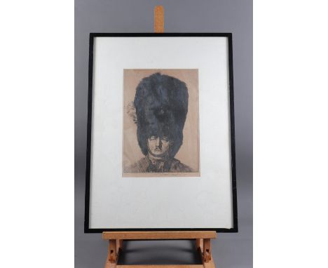 An early 20th century signed etching, Guards officer, in ebonised frame