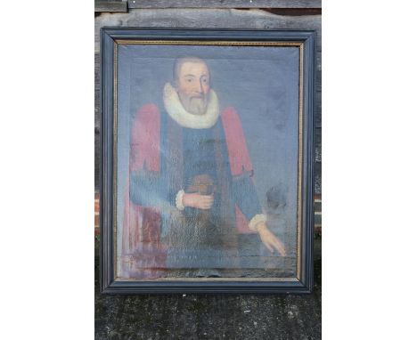 An early 17th century oil on canvas portrait of Alderman Richard Hill, purchaser of Charterhouse Coventry, 1611, holding a pa