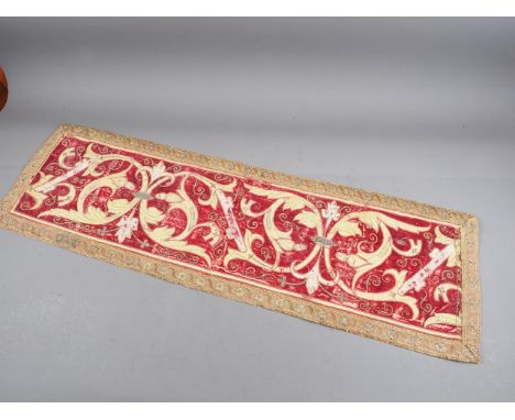 A 17th century Spanish runner with "silver" and "gold" thread work scroll design, 12" x 40" (ex Marilyn Garrow)