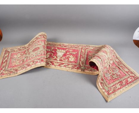 A 17th century Spanish velvet runner with "silver" thread scrollwork panels, 13" x 62" (restored) (ex Peta Smyth)