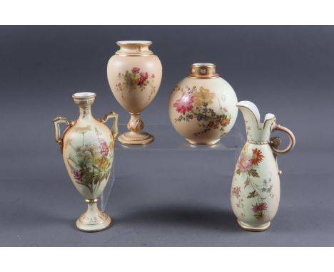 A Royal Worcester blush ivory jug with floral decoration, 6 3/4" high, a similar Royal Worcester bulbous vase, a two-handled 