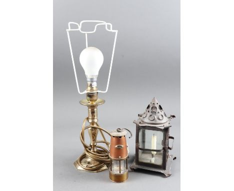 An early 19th century wrought "tin-plate" lantern, 7 3/4" high, a miniature copper and brass safety lamp, and brass table lam