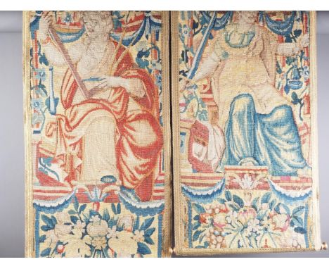 A pair of 16th century Brussels tapestry fragmentary panels, "Justice" and "Architecture", 29" x 13 1/2", with later metallic