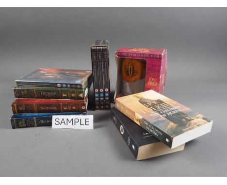 A quantity of Lord of the Rings and The Hobbit DVD sets and J R R Tolkien books, various