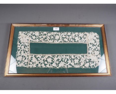 A pair of 17th century Venetian needle lace "Lappets" with later bobbin lace edge, in gilt frame, each lappet 22" long