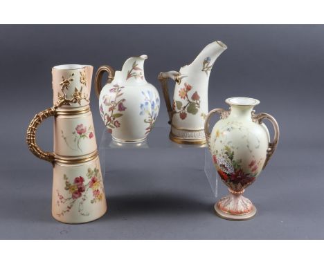 A Royal Worcester blush ivory two-handled vase with floral decoration, 7 3/4" high, and three Royal Worcester jugs, various