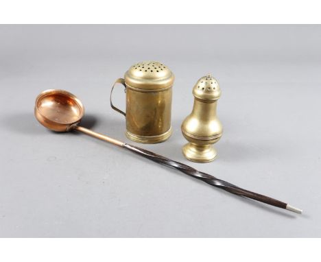 An 18th century copper punch ladle with faux hall marks and whale bone handle, 14 3/4" long, a 19th century brass flour dredg