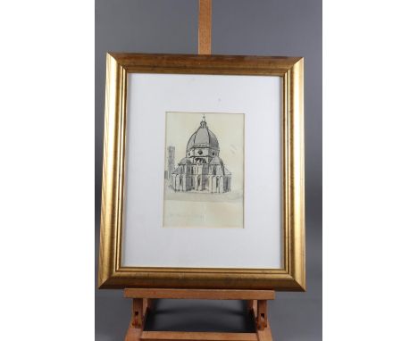 A set of four architectural style prints, in gilt frames, and another similar print, in ebonised frame