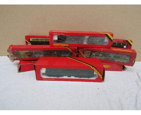 A boxed Hornby 00 gauge R.761 GWR Hall locomotive, R.751 B.R. Co-Co Diesel locomotive, R.175 B.R. Diesel Power car,five coach
