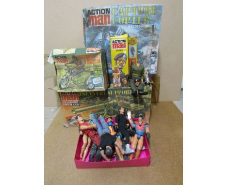 A boxed Action Man infantry support Jeep, Capture Copter, motorcycle and sidecar, soldier (a/f) and a quantity of later unbox