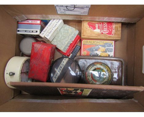 A box of miscellaneous toys, games etc including Bakelite cribbage 