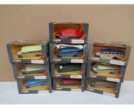Ten boxed Corgi Classics diecast coaches 