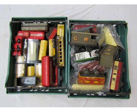 Two boxes of 0 gauge tinplate rolling stock and coaches including Hornby, Chad Valley etc 