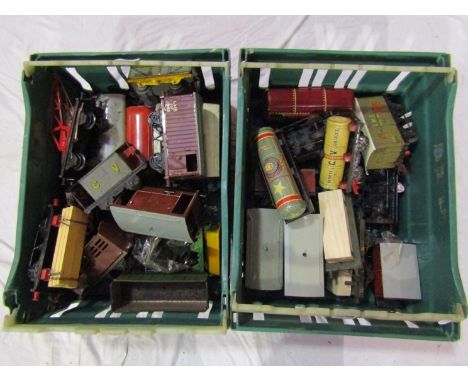 Two boxes of 0 gauge tinplate rolling stock including Hornby, Marx and Chad Valley 
