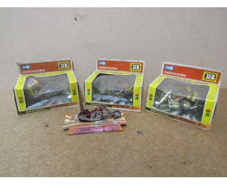 Three boxed Britain's diecast chopper trikes, No. 9675 and an unboxed Britain's long fork chopper, No. 9677