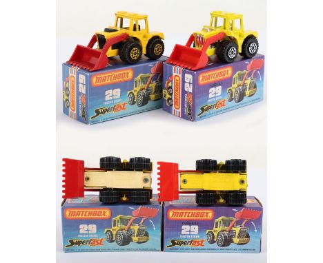 Two Matchbox Lesney Superfast Boxed Models, England: MB-29 Tractor Shovel, 2 model and 2 box variations 1) Very BRIGHT LIGHT 