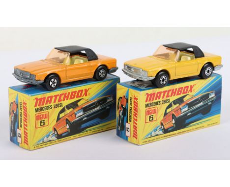 Two Matchbox Lesney Superfast Boxed Models, England: MB-6 Mercedes 350SL, 2 model variations 1) LIGHT Yellow-Orange body, Bla