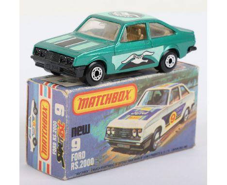 Matchbox Lesney Superfast Boxed Model, England: MB-9 Ford RS2000 Escort with GREEN body and Seagull labels, Seagull facing ba