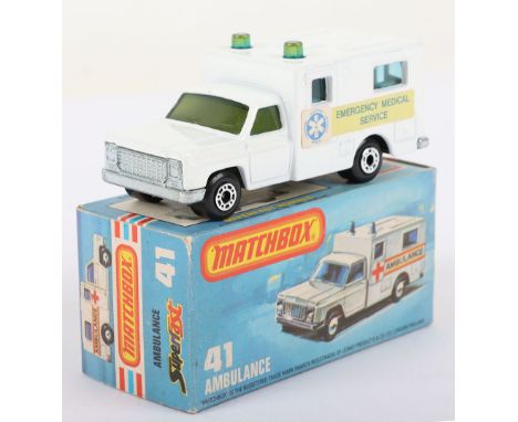 Matchbox Lesney Superfast Boxed Model, England: MB-41 Ambulance with White body and EMS labels, striking combination of GREEN