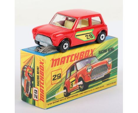 Matchbox Lesney Superfast Boxed Model, England: MB-29 Racing Mini with RED body, 29 labels with GREEN surround, unpainted bas