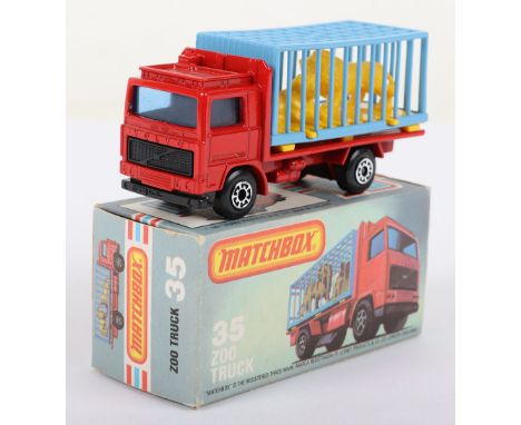 Matchbox Lesney Superfast Boxed Model, England: MB-35 Zoo Truck with Red body, Blue cage and Yellow lions, Black base, model 