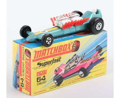 Matchbox Lesney Superfast Boxed Model, England: MB-64 Slingshot Dragster with scarce 3 label, Metallic Steel Blue body, Red e