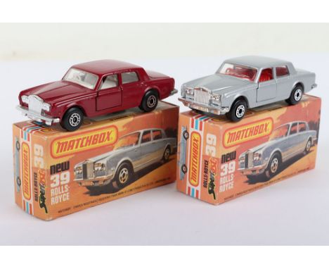 Two Matchbox Lesney Superfast Boxed Models, England: MB-39 Rolls Royce, 2 model and 2 box variations 1) SILVER body, RED inte