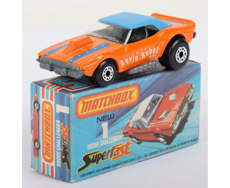 Matchbox Lesney Superfast Boxed Model, England: MB-1 Dodge Challenger with ORANGE body &amp; REVIN REBEL prints, BLUE roof, B